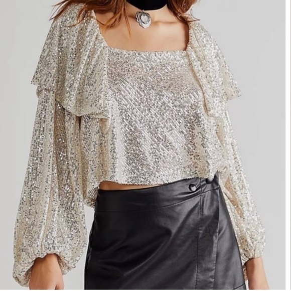 Free People | Silver Sequin Flowy Back Tie Shimmer Top - Picture 1 of 11